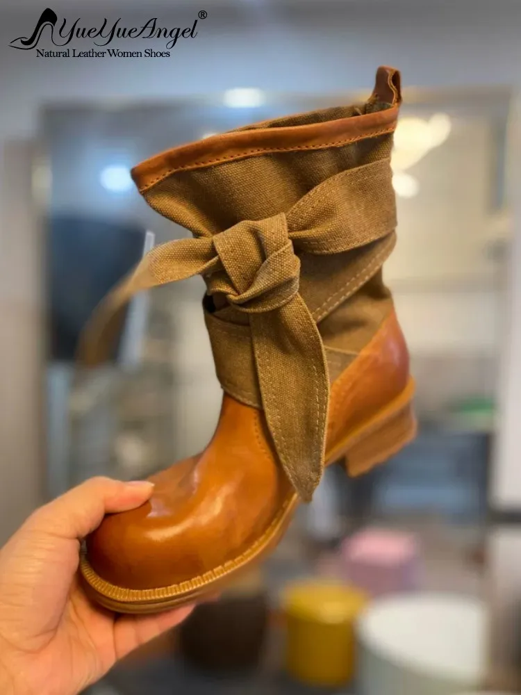 Women Cowhide Genuine Leather Boots Retro Patchwork Canvas Bowknot High Top Shoes Round Toe Slip On Female Mid Calf Knight Boots