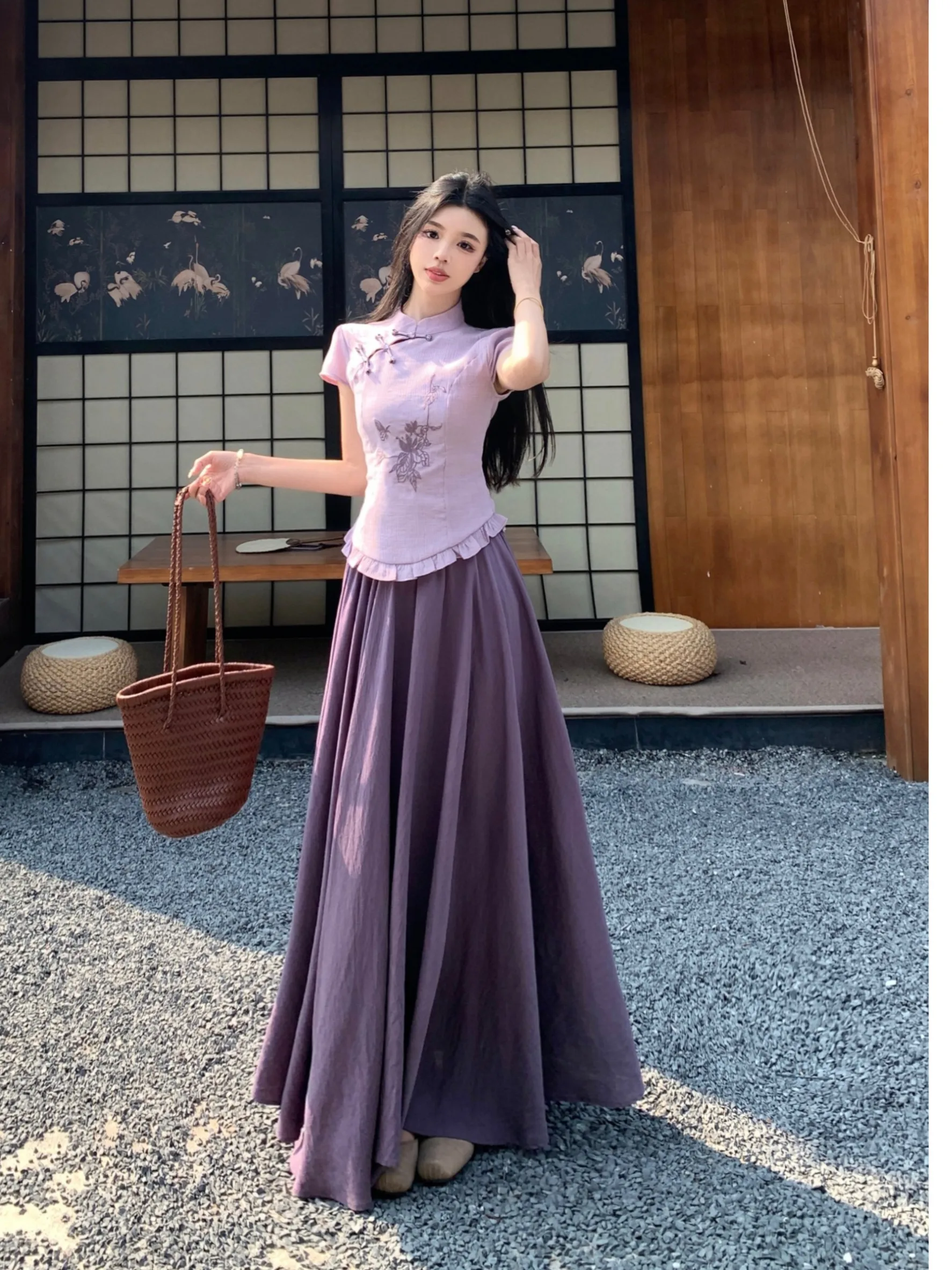 

Новый летний модный универсальный комплект из юбки и топа больших размеров для женщин: китайский стиль, вышивка, цветочный узор, завышенная талия, пэчворк