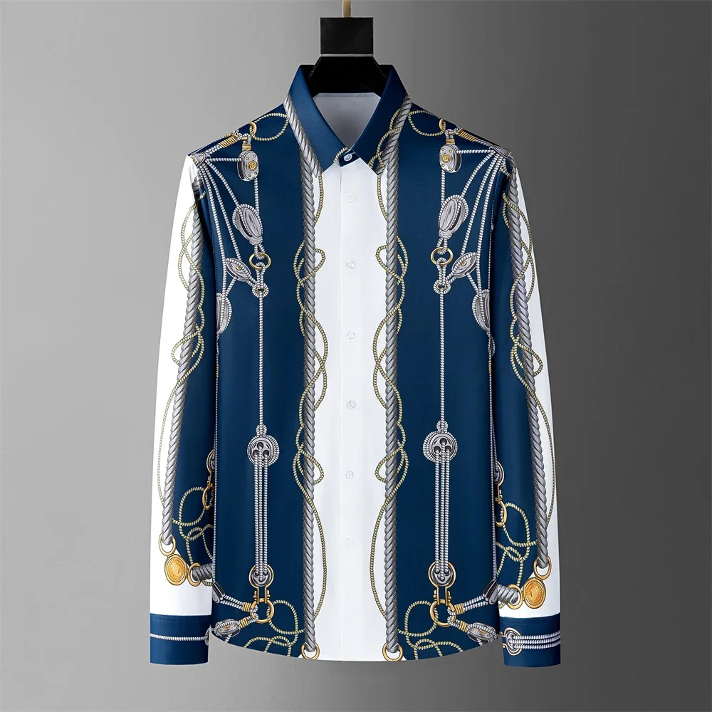 Men's Retro Simple 3D Printed Shirt Business Casual Luxury Long-sleeved Lapel Button Shirt Slim Outdoor Party Street Men's Top