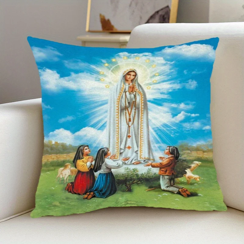 Customize 1pc Fatima Madonna Square Printed Pillow Cover, 18x18 Inches - Vibrant Blue & Golden Design with Prayerful Figures, Ma