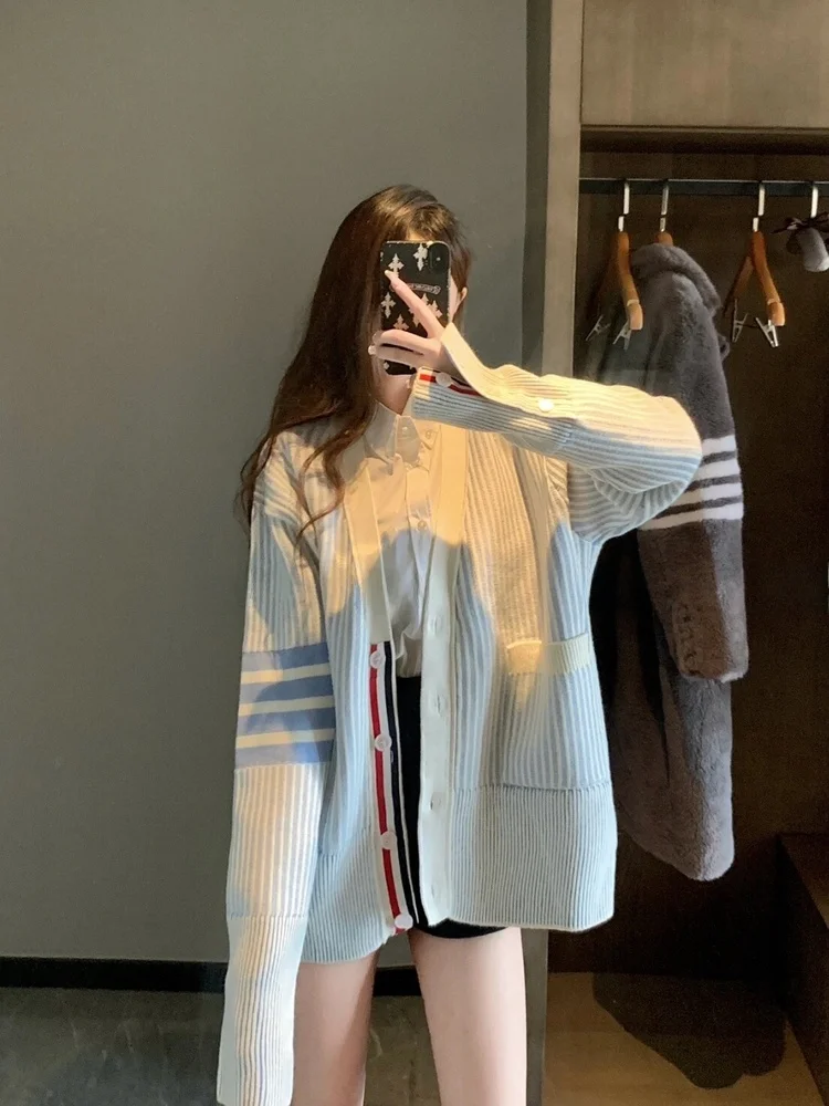 

Baby Blue Knitted Zipper Jaet Women's V-ne Open Cardigan Versatile Top Heavyweight New Arrival 25FW Straight Hair