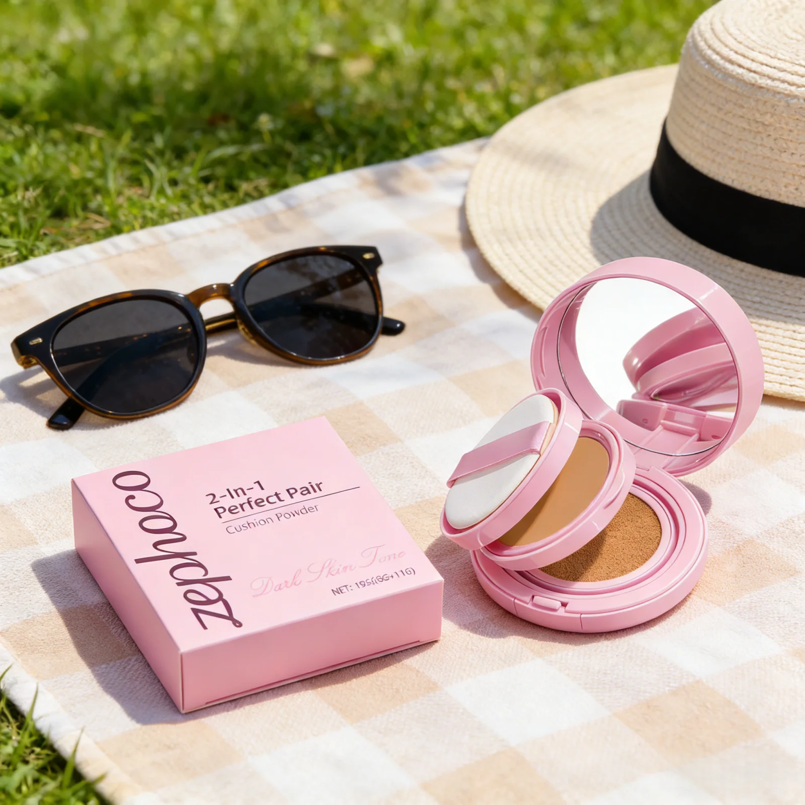 

Zephoco 2 in 1 Double Layer Powder Natural Color Ivory White Dark Skin Tone Long Lasting Brightening Portable Cushion Foundation