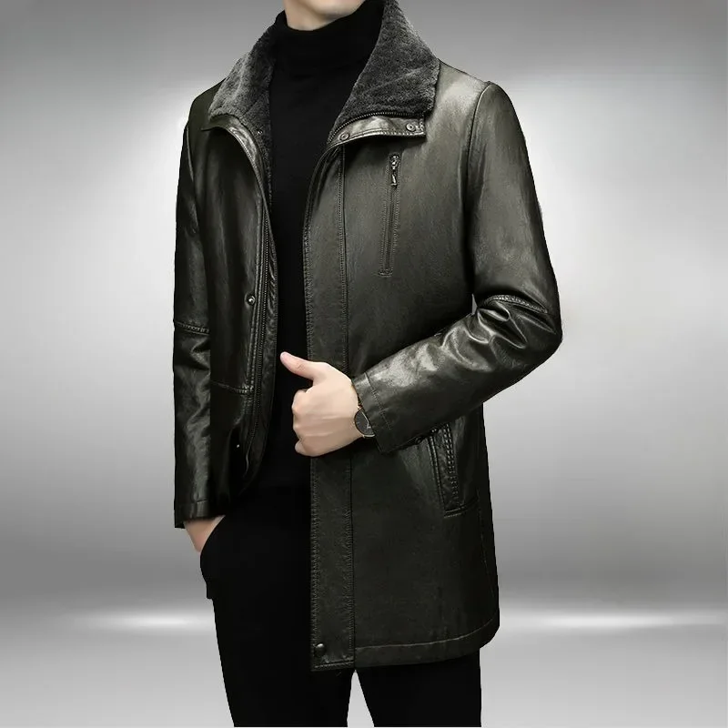 

2025 New Men Fashion Casual Fur Integrated Leather Coat Winter Men Mid-Length Thickened Wool Liner Warm Sheep Leather Jacket