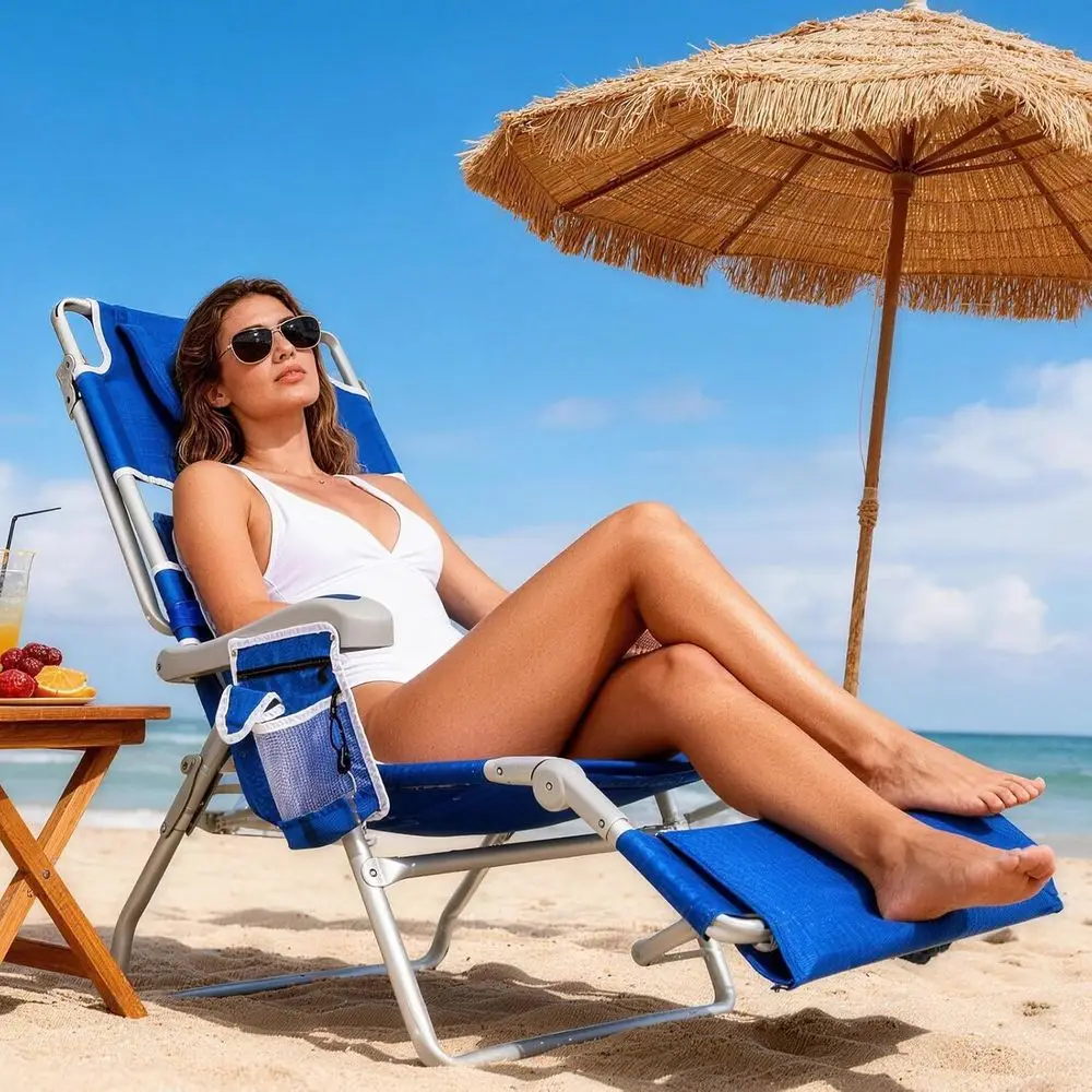 3 in 1 each Chair with ace Hole, Reclining Sun Tanning LounChair with oot Rest, Cooler ag & Cup Holder or Outdoor,Royal lue view 2
