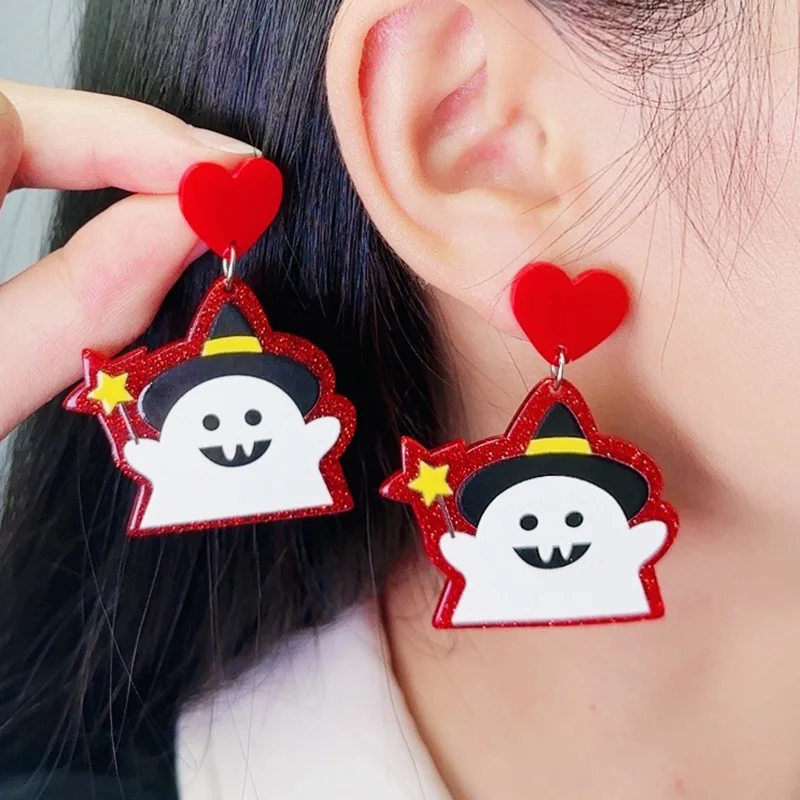 Halloween Magic Stick Ghost Earrings Cute Ghost Scissors Hand Pumpkin House Begging Sugar Ghost Acrylic Earrings Halloween Gift