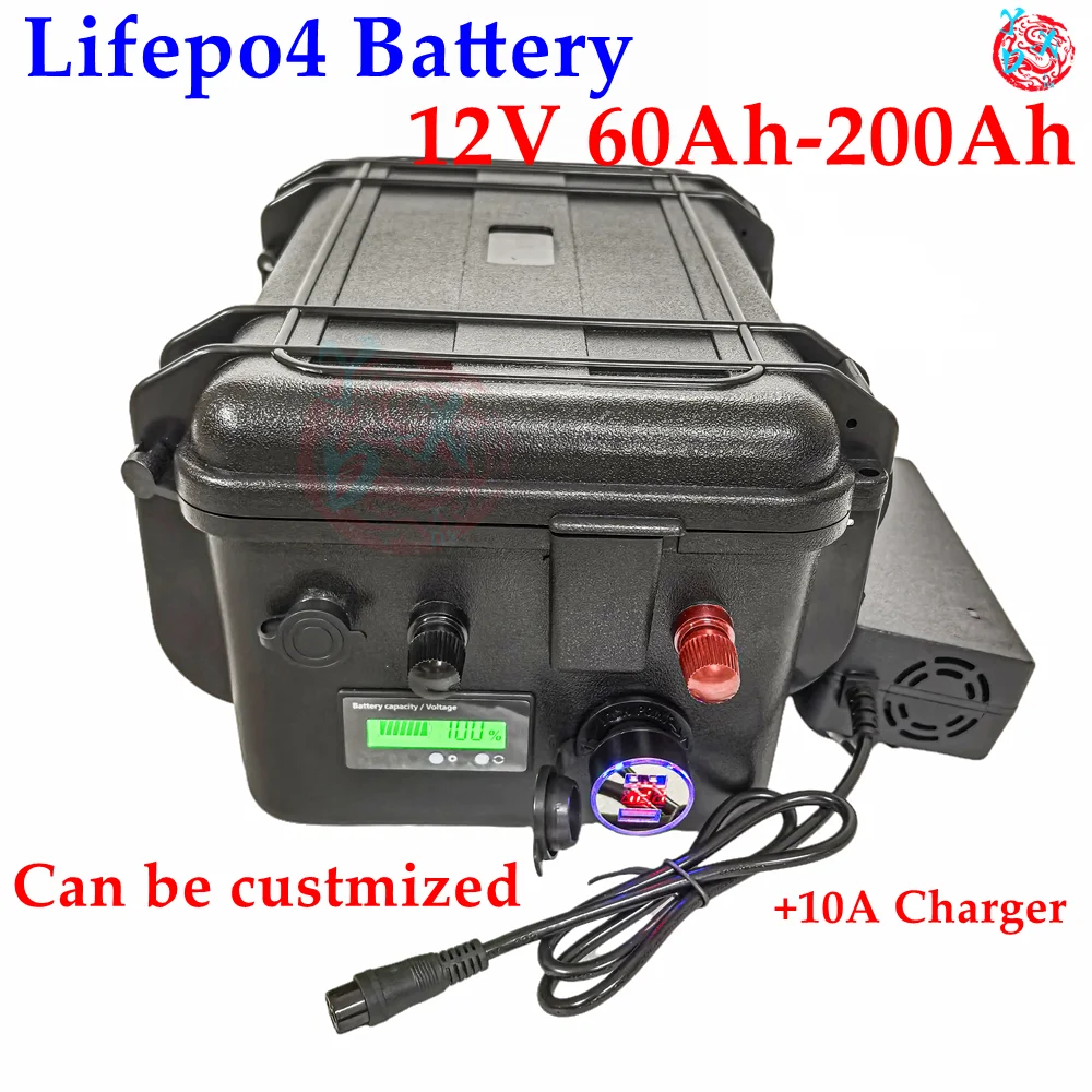 LiFePo4 12V 60AH/80AH/100AH/120AH/150AH/180/200AH Lithium Battery with bms for fish boat vehicle power supply +10A charger