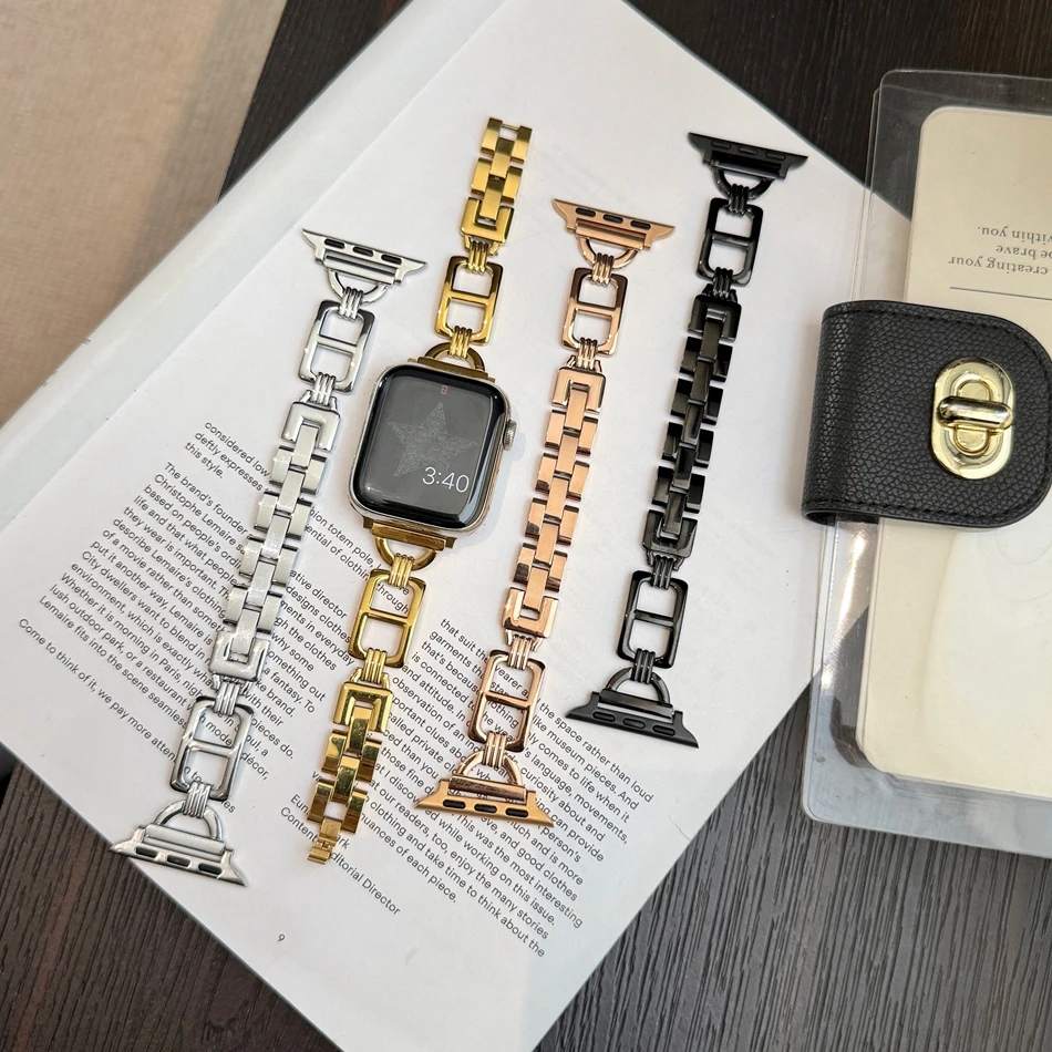 سوار من الفولاذ المقاوم للصدأ عالي الجودة لساعة Apple Watch Series 10/9/8/7/6/5/4/3/2/1 42 ​​مم 44 مم 38 مم 40 مم 41 مم 45 مم 46 مم 49 مم عصري ومتين للجنسين سهل التعديل