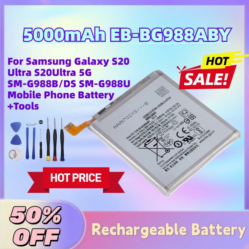 

New 5000mAh EB-BG988ABY 3.85V Battery for Samsung Galaxy S20 Ultra S20Ultra 5G SM-G988B/DS SM-G988U Mobile Phone Battery +Tools