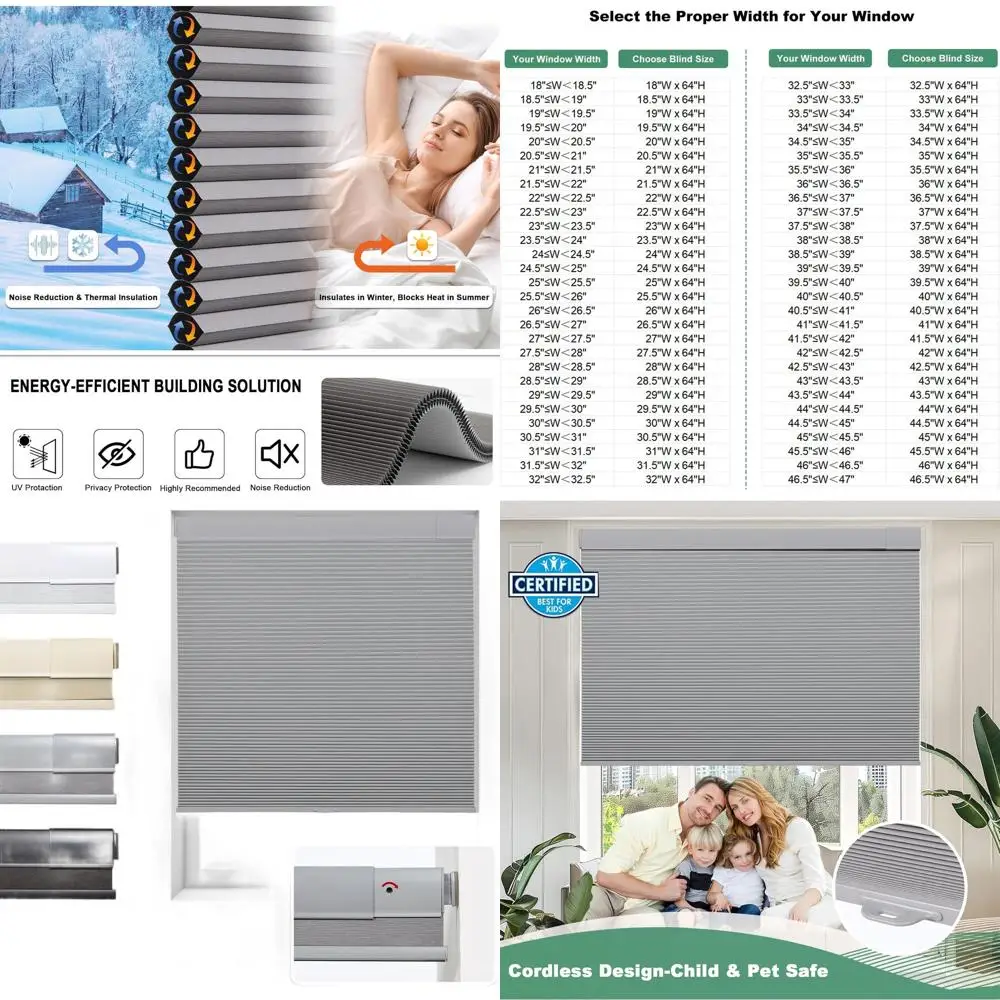 

Cordless Grey Honeycomb Cellular Shades, Thermal & Noise Insulation, 34x64 for Indoor Windows