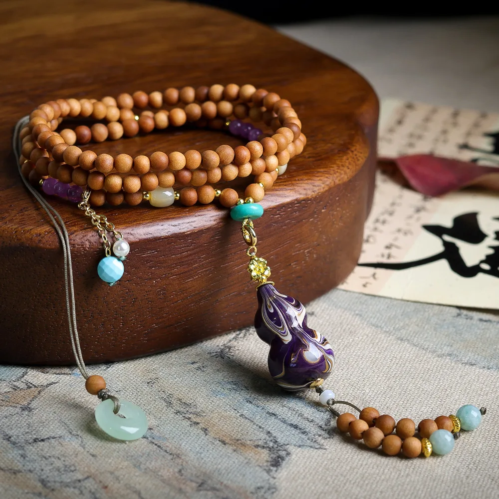 

Original Design Sandalwood Necklace Hand-Woven Literature Large Lacquer Gourd New Chinese Sweater Chain