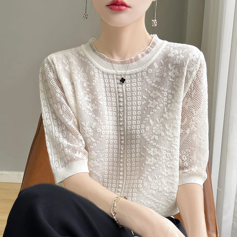 

Summer Lyocell Thin Short Sleeved Women's French Solid Round Neck Loose Pullover Fashionable And Elegant Silk T-Shirt Top