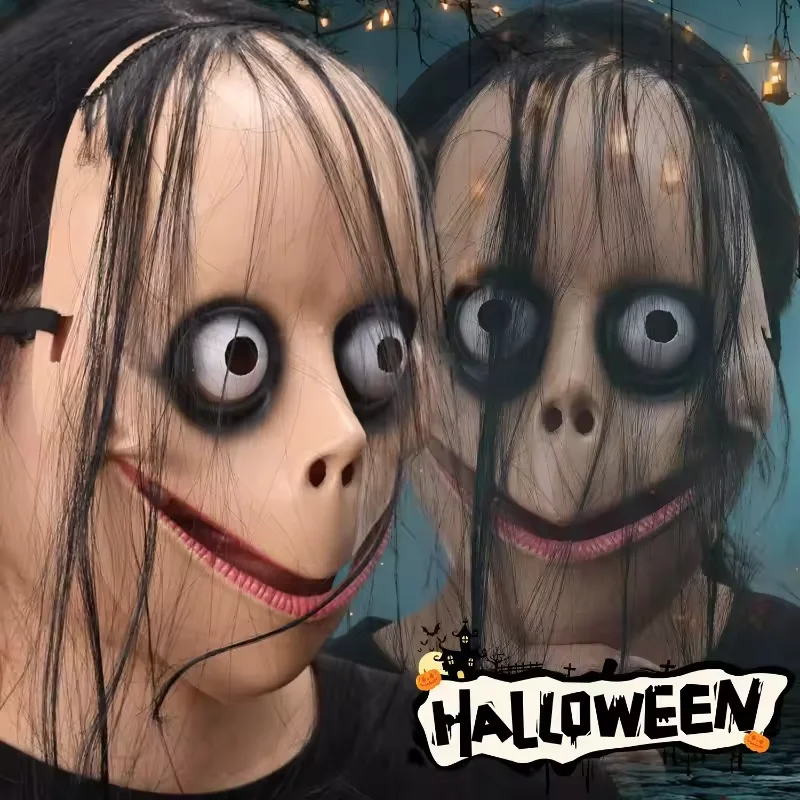 Nuovo Momo Spaventoso Copertura per il viso Halloween Horror con maschera per capelli lunghi Maschera divertente Maschera per la bocca a forma di V con capelli Fantasma femminile Gioco di ruolo