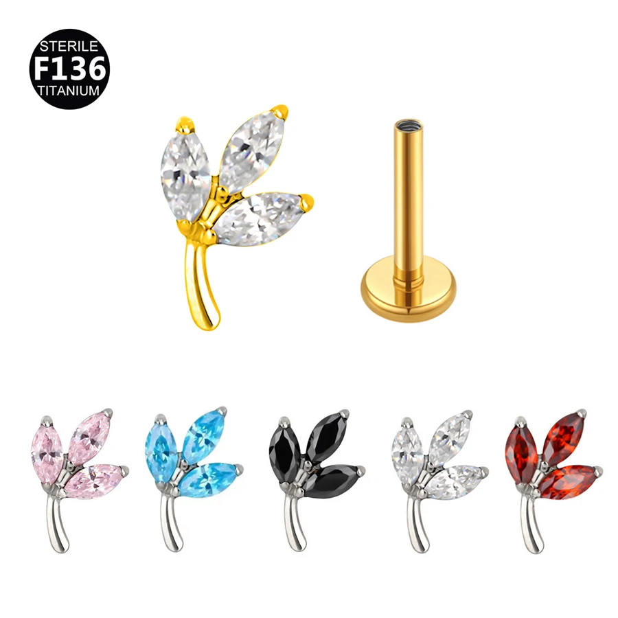 1PC 14G 16G F136 Titanium Helix Studs Tongue Fashion Piercing Jewelry EAR PIERC Leaf Shape with CZ Top Cartilage Tragus Earring