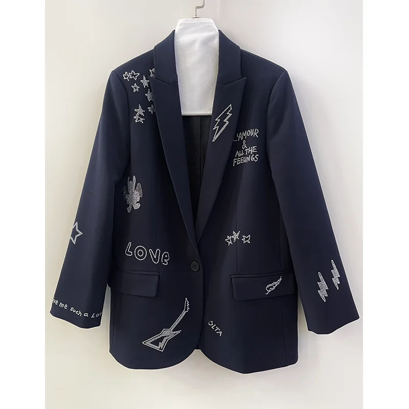 

Women Navy Blue Diamonds Blazers Elegant Lapel Coat Formal Occation Jackets Zadig Blazer Casual Button Suit Elegant Winter Tops