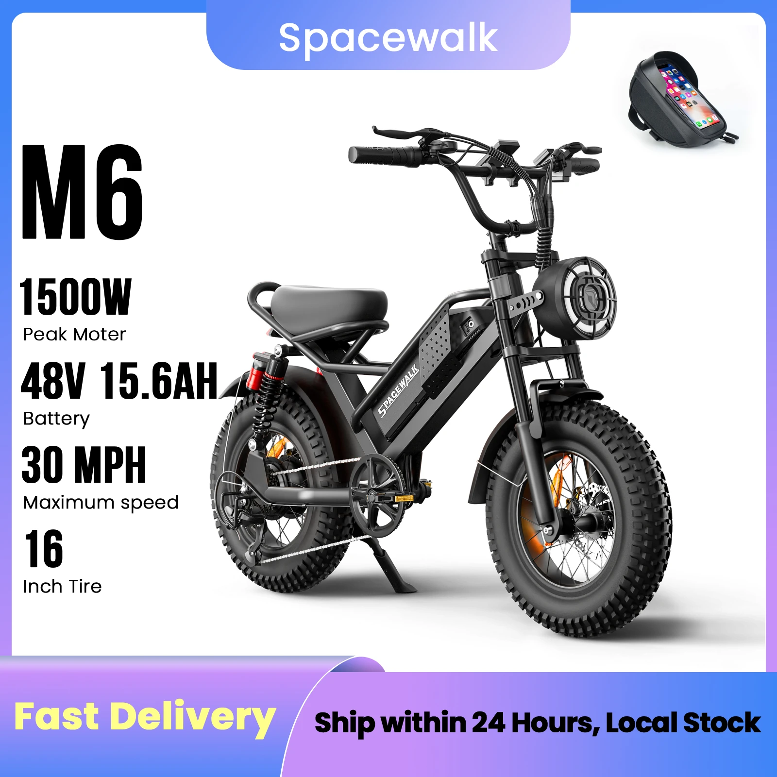 

Spacewalk M6 1500W Electric Bike for Adults & Teens, 21.6MPH, 48V 15.6Ah Removable Battery, Up to 70 Miles, 16" Fat Tire, Shimano 6-Speed, 3 Modes, All Terrain Electric Dirt Bike, LED Lights