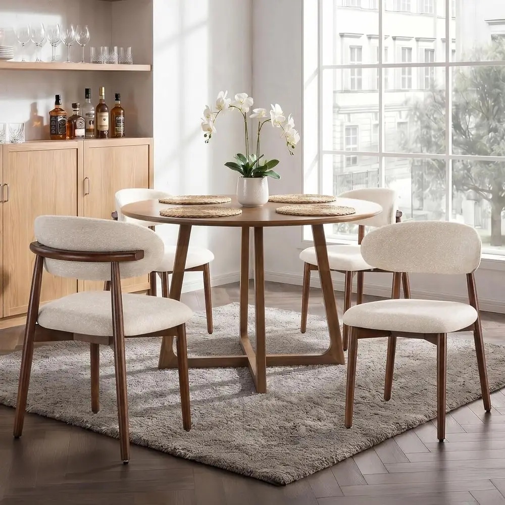 4-Piece Wooden Dining Chairs Set with Chenille Upholstery, Vintage-Style Brown Leg Chairs for Dining Room or Kitchen Vanity, Sta