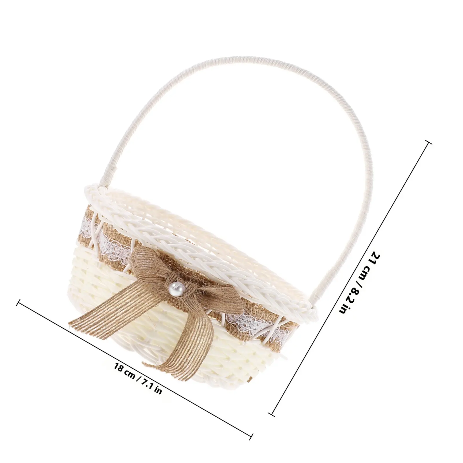 Hand-Woven Imitation Rattan Round Flower Basket with Lace Trim for Wedding Party Petal Throwing Rustic Elegant Handle