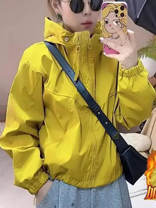 

Yellow Thiened Cotton Jaet Women's ort Sle Autumn Winter New Faion Versatile Coat Korean Loose Fit Zipper Closure