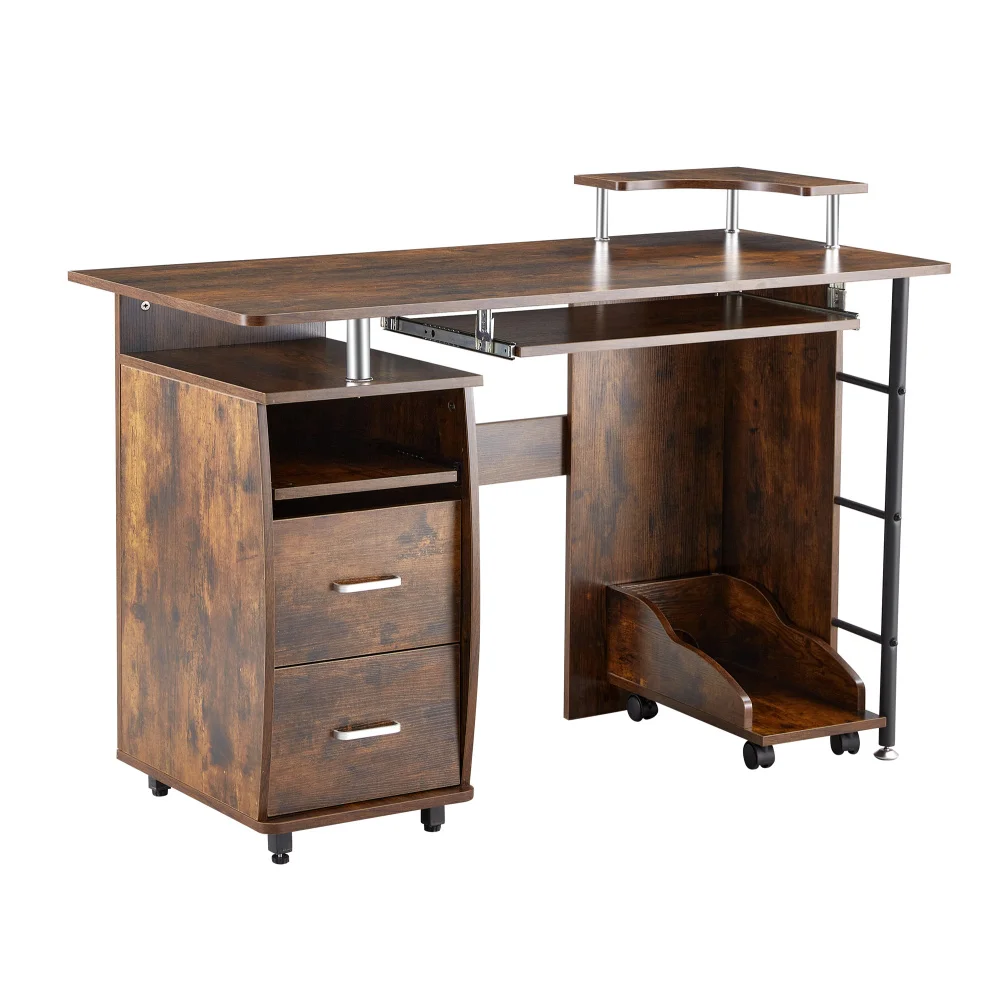 solid wood computer Desk,office table with PC droller, storage shelves and file cabinet with two drawers, CPU tray