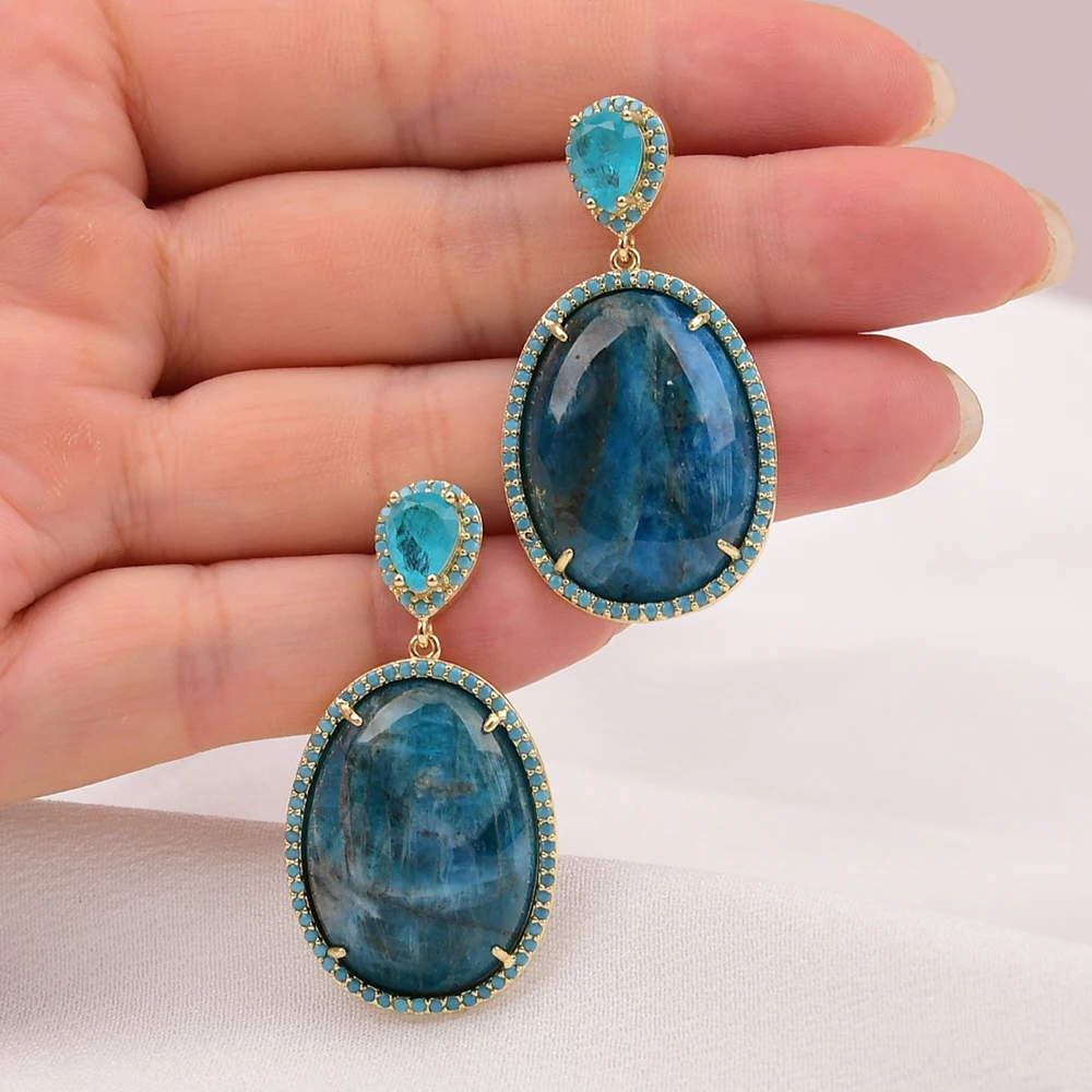 G-G Natural Blue Apatite Stone Zircon Inlay Green Quartz Stud Earrings For Women