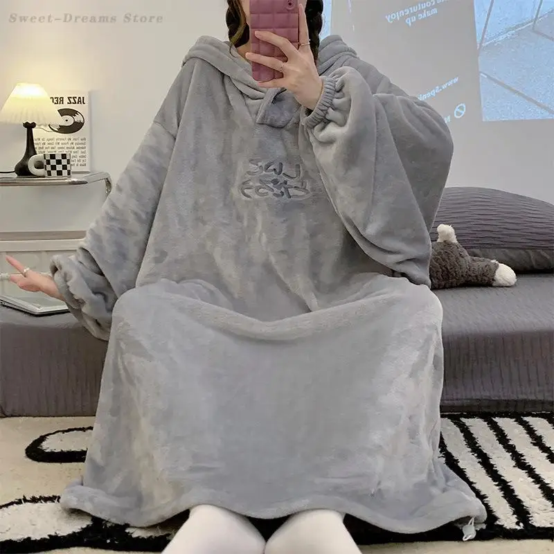 Oversize Loose Nightgown Hooded Nightdress Bathrobe Gown Women Thicken Coral Fleece Sleepwear Winter Homeclothes Cute Loungewear