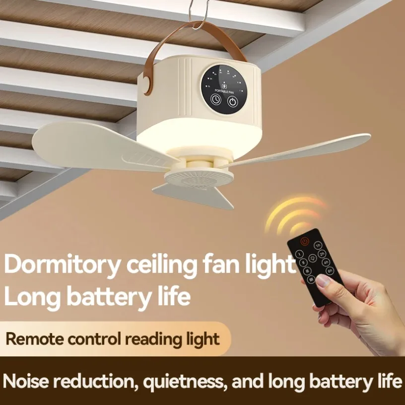 Tragbarer Hängeventilator mit Fernbedienung, 4 Geschwindigkeitsstufen, 4 Timer-Einstellungen, warmes LED-Licht, Deckenventilator für Schlafzimmer, Wohnzimmer, Studentenwohnheim, Camping, Outdoor