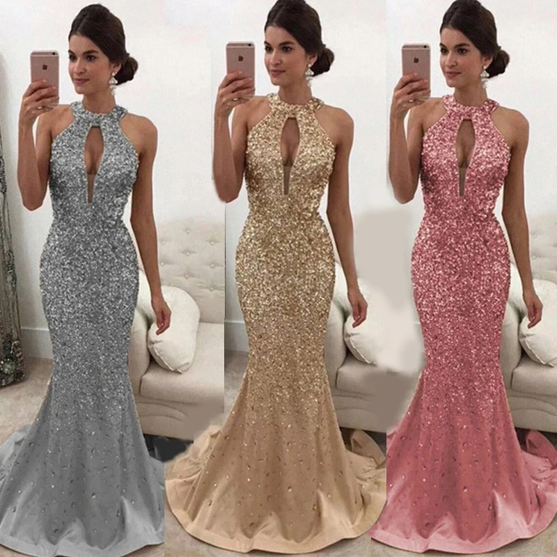 

Luxury Women Halter Sequins Evening Dress Sexy Backless Hollow Out Party Dress Elegant Gliter Mermaid Formal Vestido De Noiva