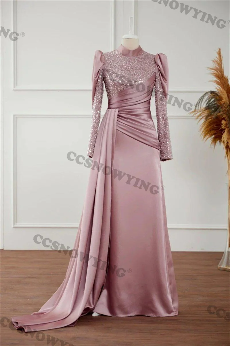 

Satin Sequin Beaded Muslim Evening Dress Long Sleeve Hijab Islamic Formal Party Gowns Women Arabic Dubai Robes De Soirée