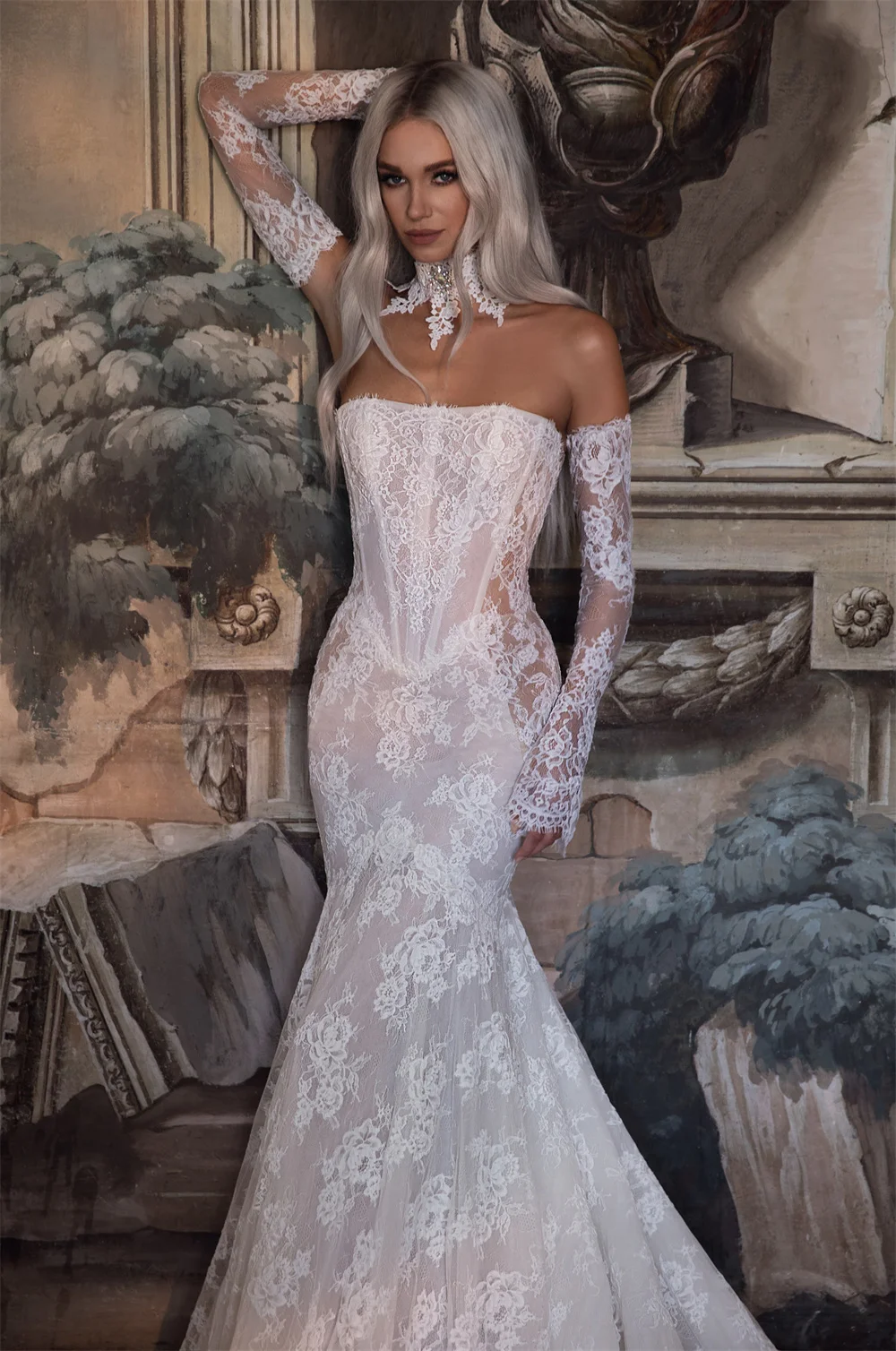 Tokyo Customized Elegant Strapless Wedding Dresses Long Sleeve Lace Court Train Bridal Gowns White Zip Mermaid Wedding Gowns