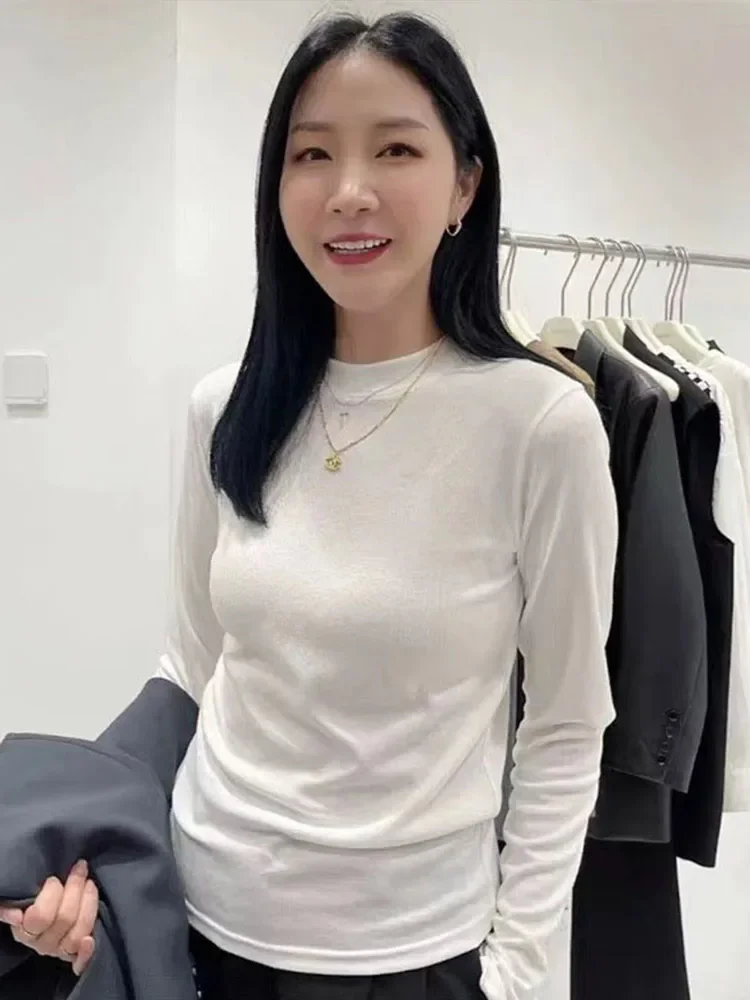 Casual veludo inferior camisetas femininas sólido meia gola acolchoada interior dupla face feminino topo 2024 outono inverno senhora outerwears