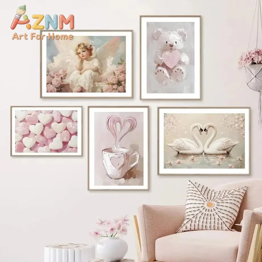 1pc frameless Canvas Painting 1pc Pink Girl Heart Retro Aesthetic Canvas Painting Little Bear Bow Love Butterfly Cupid Poster Ho