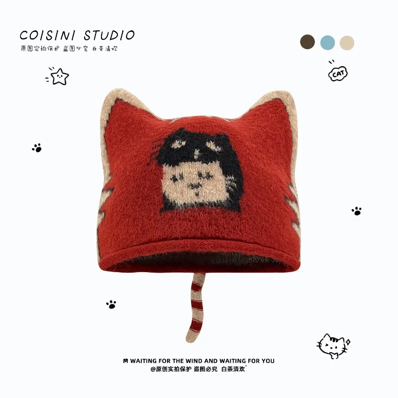 Niedliche Katzen-Jacquard-Strickmütze für Herbst und Winter, Modische und Warme Ohrenschutz-Katzenohr-Beanie-Mütze für Frauen – Detail 2