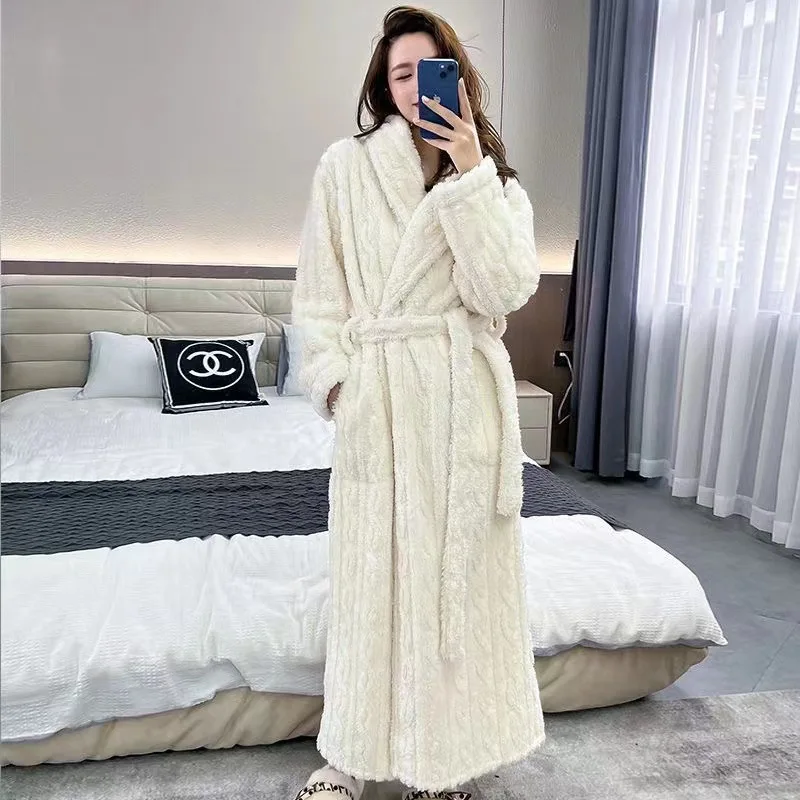 

Women's Winter Thick Bathrobe Solid Long Sleeve Warm Ladies Kimono with Sashes Flannel Fleece Dressing Gown Bath Robe Female