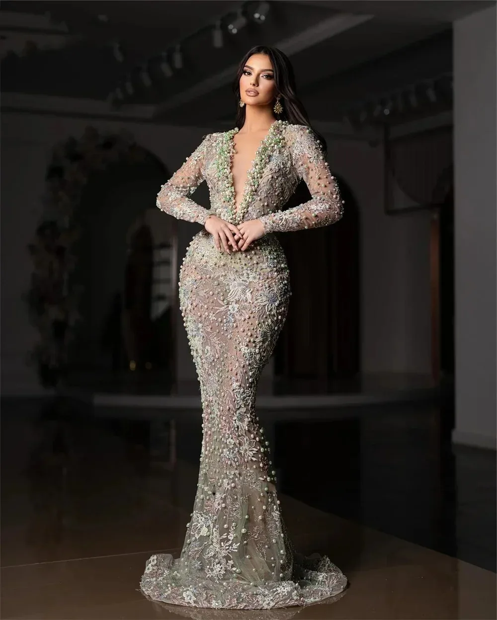 Mintgrünes, verziertes Abendkleid 2025, luxuriöses, perlenbesetztes Meerjungfrauenkleid, abnehmbarer Schwanz, Arabia, formelles Party-Abschlussballkleid, individuell gestaltet