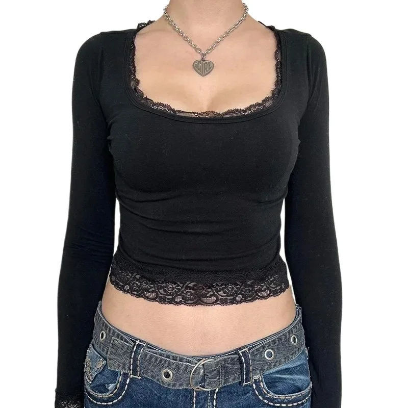 

Сексуальная футболка в стиле Y2K с U-образным вырезом, кружевом и бантом, облегающая, с длинными рукавами, в стиле «пикантная девушка»