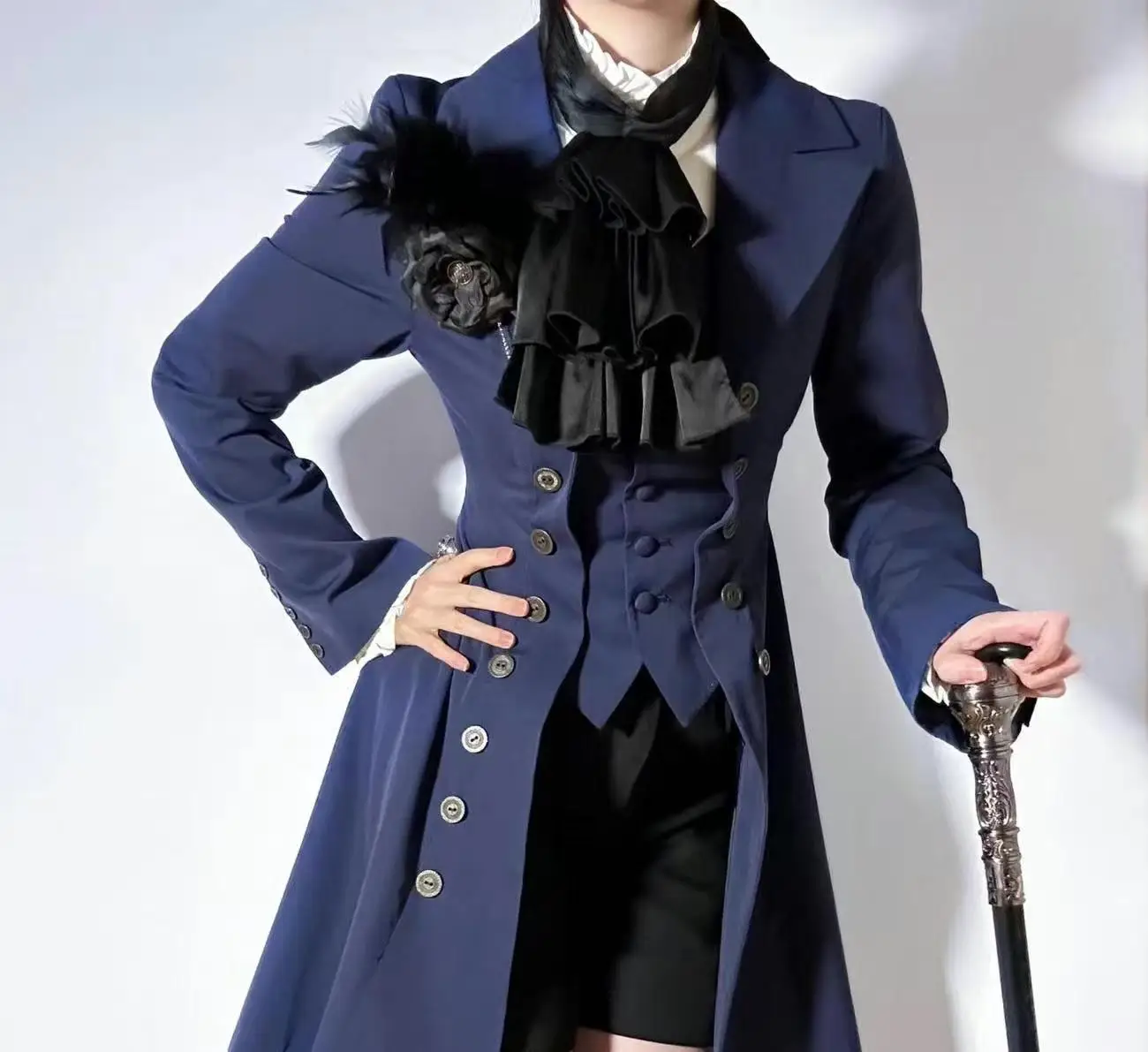 

Deep Blue Lolita Coat Men Women Autumn Winter Mid-length Double-Row Buttoned Long Robe Halloween Event Cosplay Costume Gothic