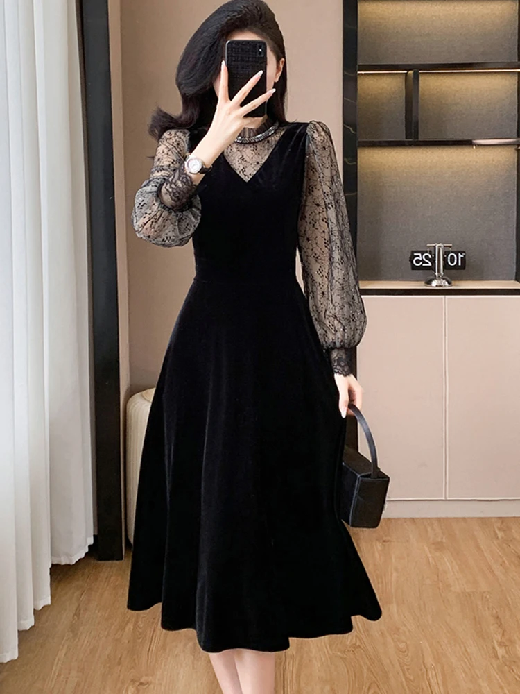 French Retro Elegant Sequined Mesh Splicing Velvet Dress Women's Spring Fashion Long Sleeve Slim Waist Evening Dress Vestidos