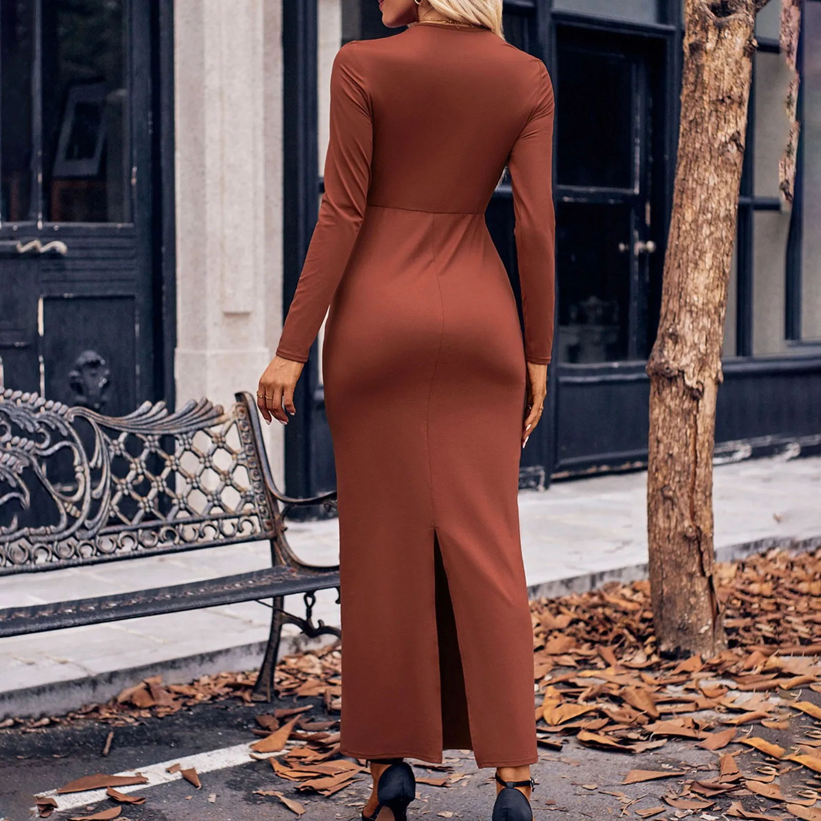 Elegante Wrap Slim abito lungo autunno primavera donna manica lunga scollo a V aderente abiti da Cocktail anteriore Twist Skinny Party Maxi Robe