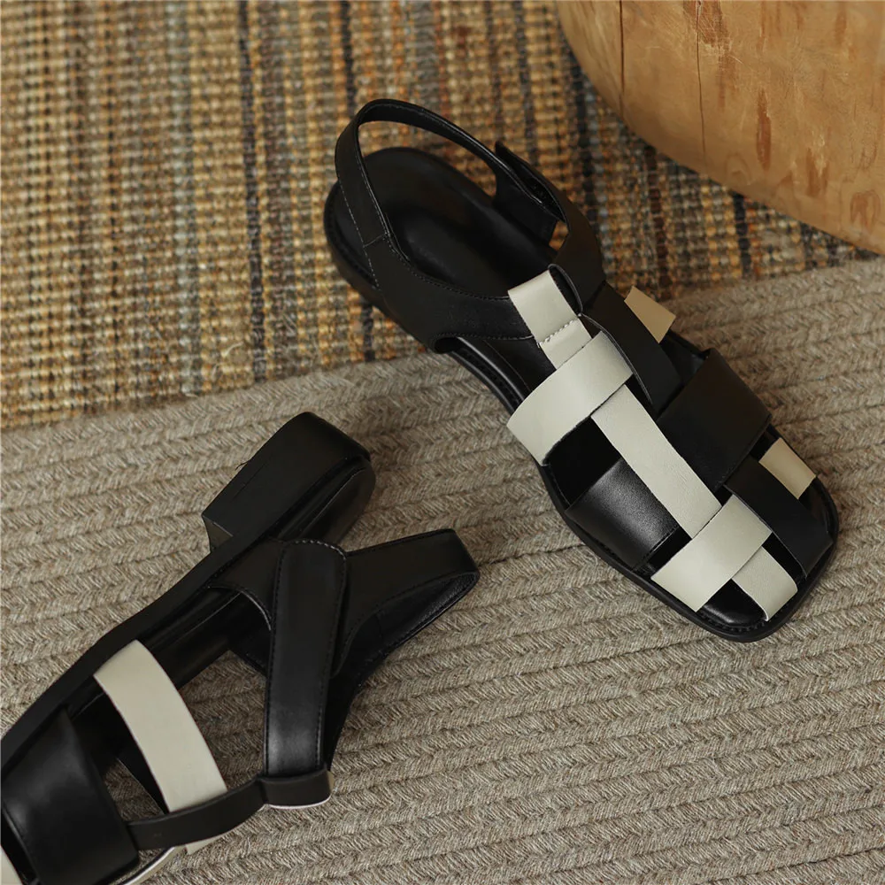 MILI-MIYA New Arrival Women Pu Leather Sandals Weave Upper Thick Heels Square Toe Buckle Strap Plus Size 34-43 Casual Summer