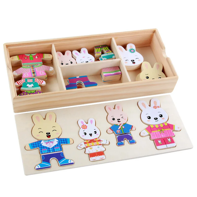 4 Rabbit of Family Wooden Toys Dress Up Rabbit Dressing Jigsaw Puzzle 4 Kinds Kids Dress Changing Educational Montessori Toys