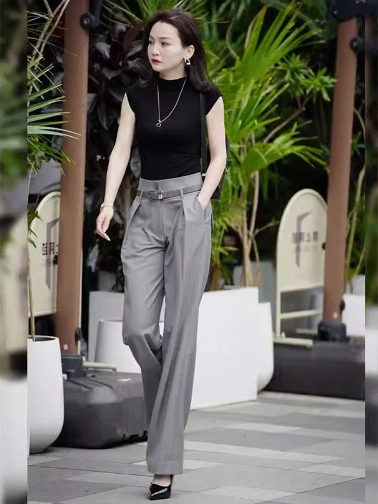 Grey with Belt Trousers Woman Wide Leg Summer 2024 Top and Pant Sets for Women 2 Pieces Comfortable Clothes New Matching Outfit