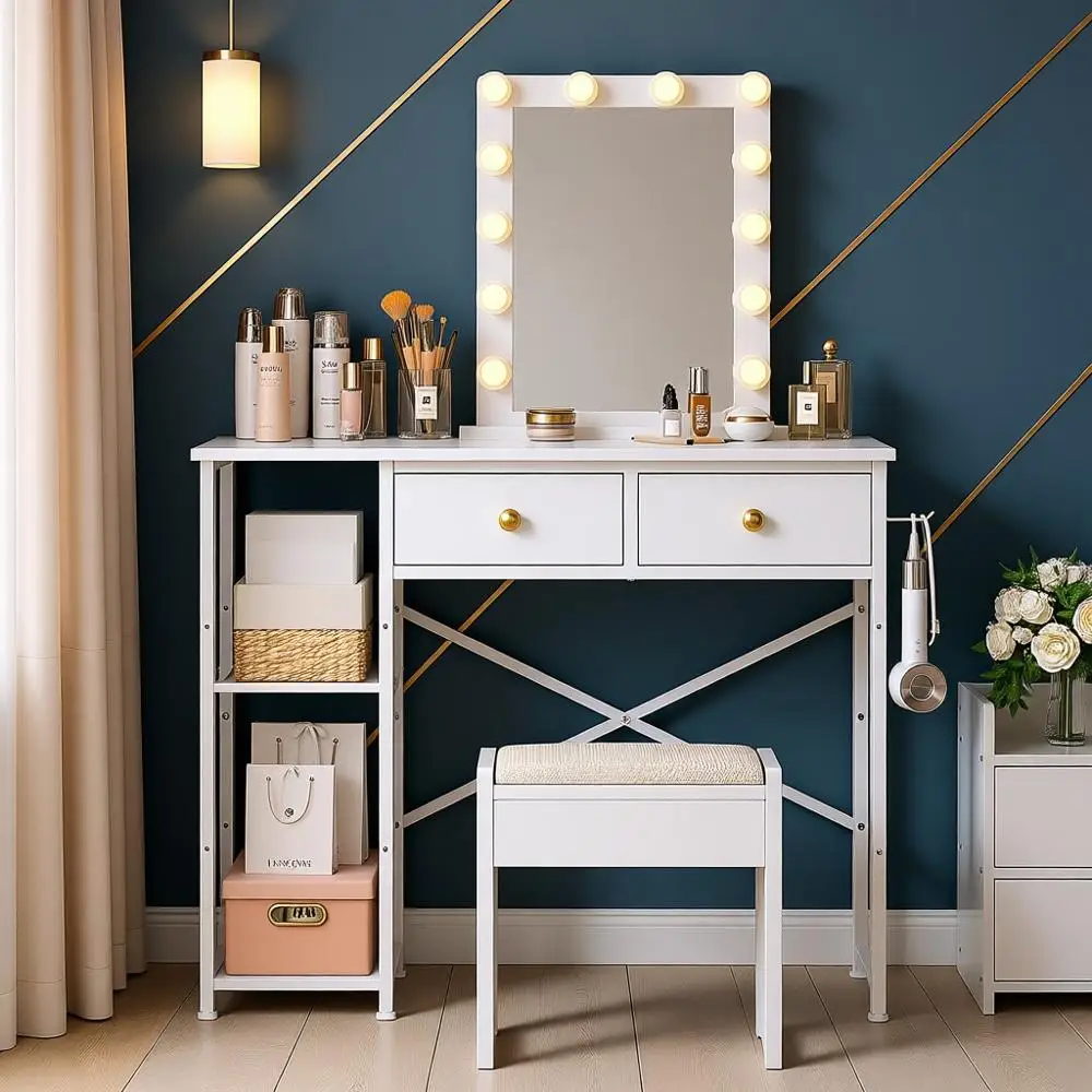 

White 35-Inch Makeup Vanity Table with Storage, Fabric Drawers, and Iron Hook for Girls
