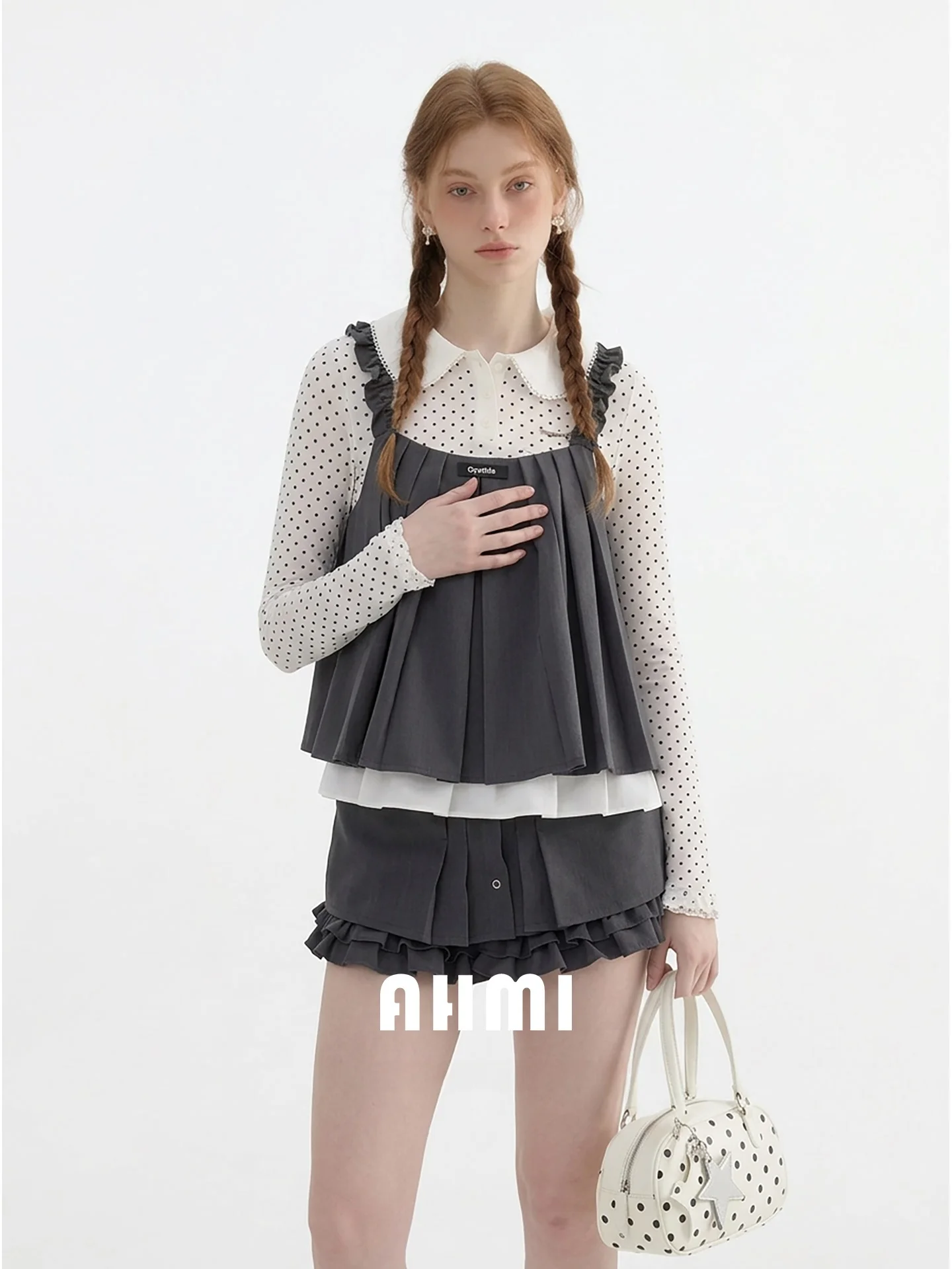 

AHMI College Style Sweet Girl Wooden Summer New Grey Cute A-Line Skirt Women's High Waist Polyester Cotton Blend