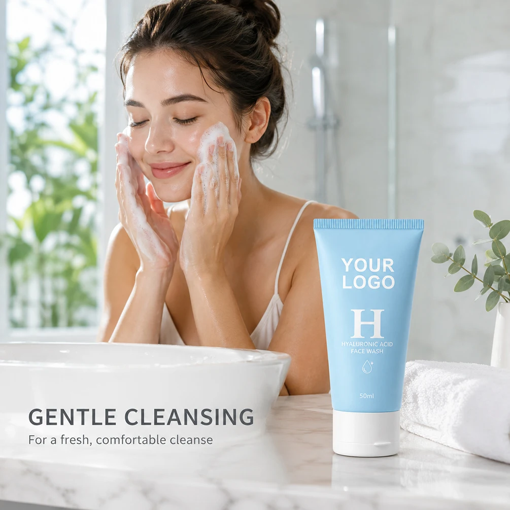 Private Label Facial Cleanser Custom Logo 50ml Blue Tube HA Facial Cleanser Hydrating Acid Face Skin Care Makeup Wholesale Vegan