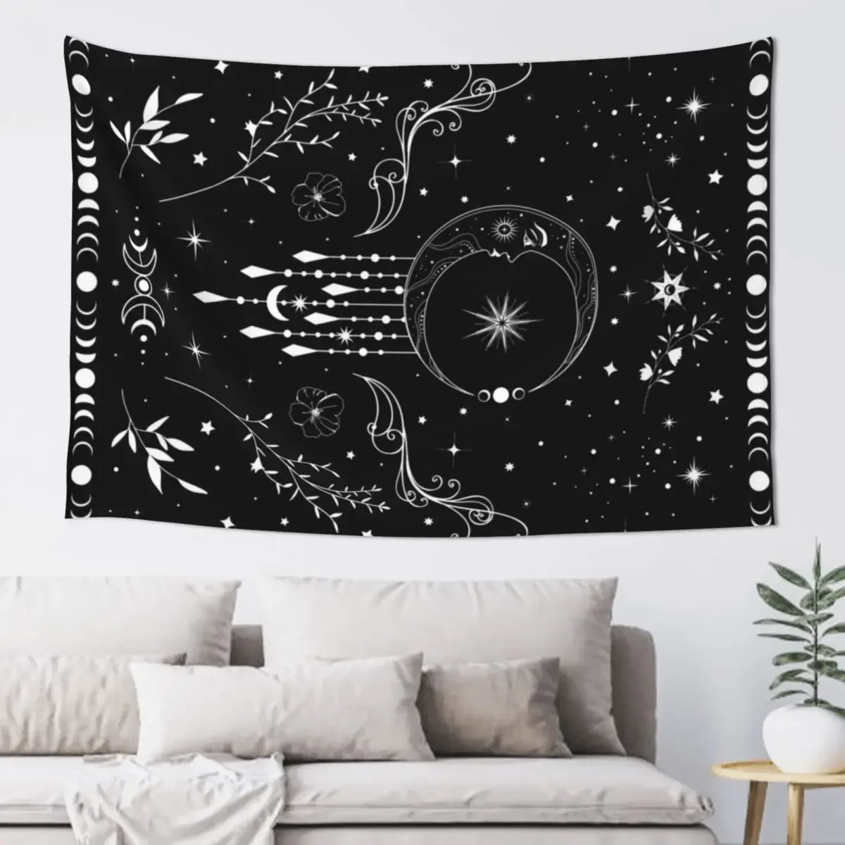 

Celestial crescent moon with floral accents and moon phase Tapestry Room Decoration Aesthetic Wall Mural Bathroom Decor Tapestry