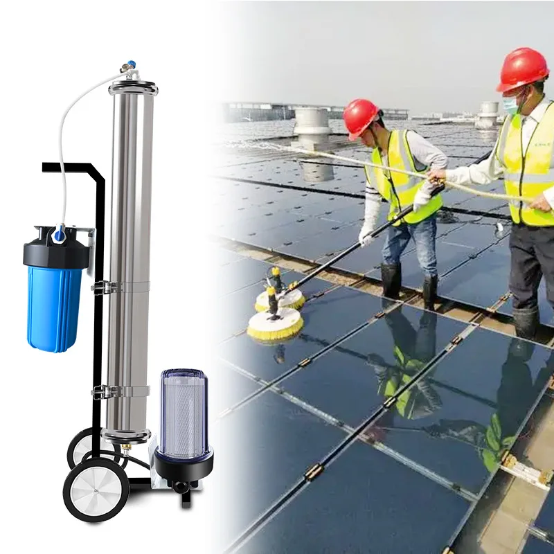 Cart type portable cleaning filter system, high volume water processor, solar panel glass cleaner