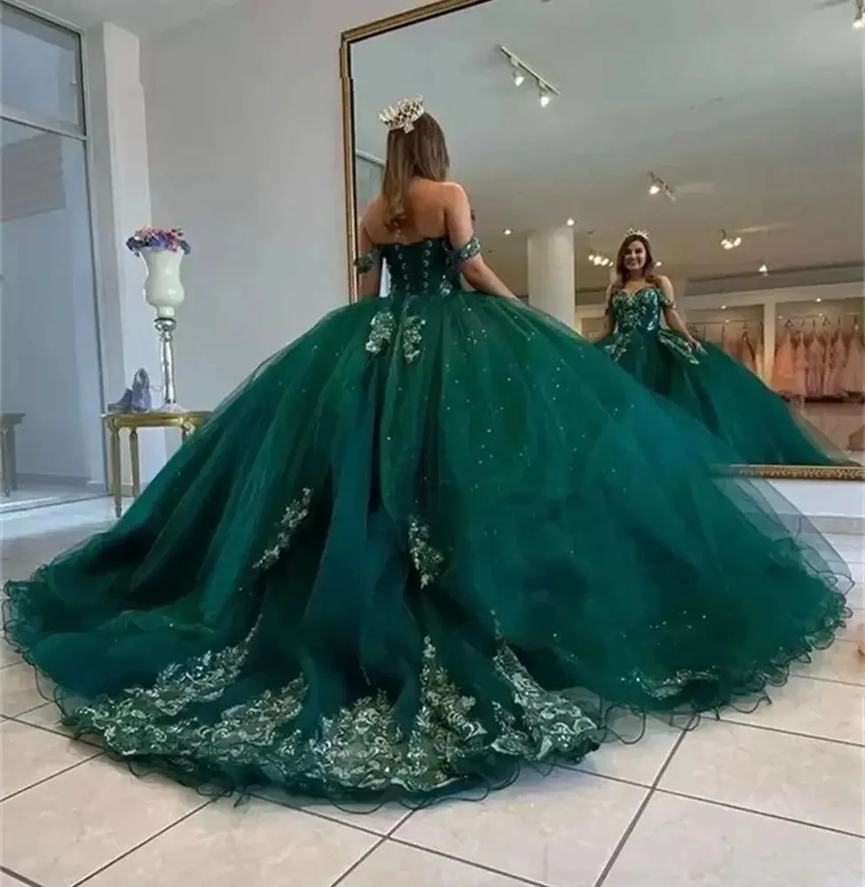 ANGELSBRIDEP vestido de quinceañera verde esmeralda, hombros descubiertos, elegante con cordones en la espalda, 15 años, fiesta de cumpleaños, vestidos formales de princesa