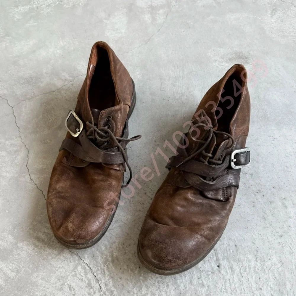 2026 Retro Distressed Brown Leather Oxford Shoes Men Metal Buckle Lace Up Low Heel Retro Casual Handmade Daily Dress Footwear view 4