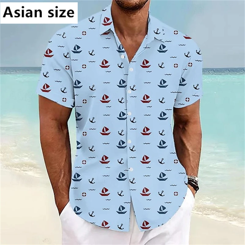 

3D Print Boat Anchor Pattern Short Sleeve Shirts For Men Clothing Summer New Mens Beach Shirts Hawaiian Vacation Button Blouse