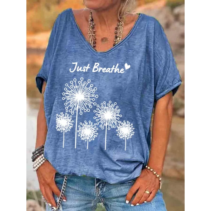 ilstile Women's Flower Just Breathe Print T-Shirts Summer Holiday Short Sleeve T Shirt Casual Loose V Neck Tops Tees HOT